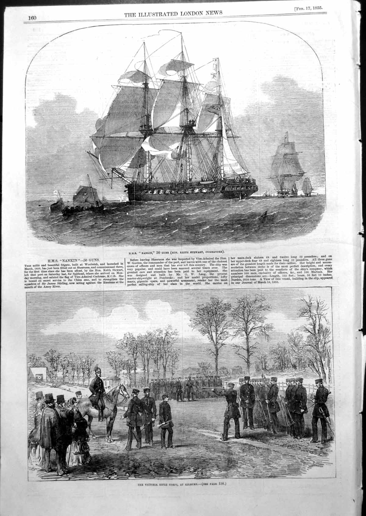 Original Old Antique Print Hms Nankin 50 Guns Victoria Rifle Corps Kilburn 1855