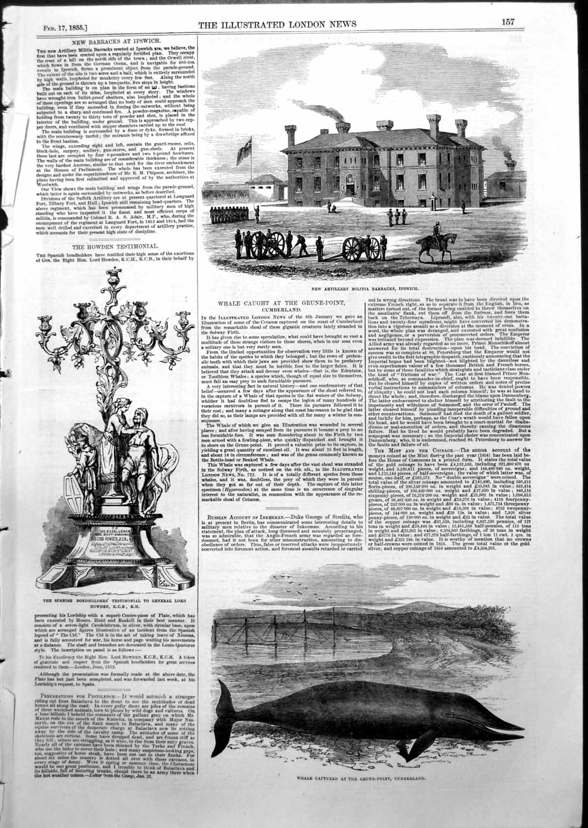 Old Print Artillery Militia Barracks Ipswich Whale Capture Cumberland1855 19th