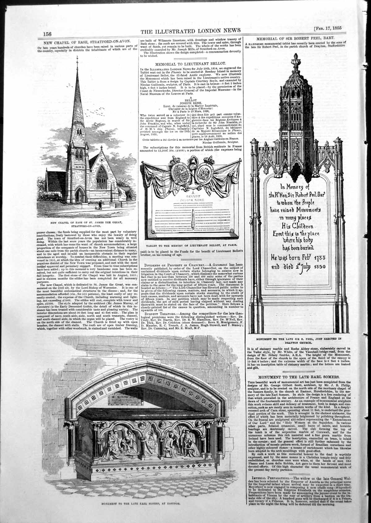 Old Antique Print Monument Earl Somers Eastnor R Peel Drayton Church 1855 19th