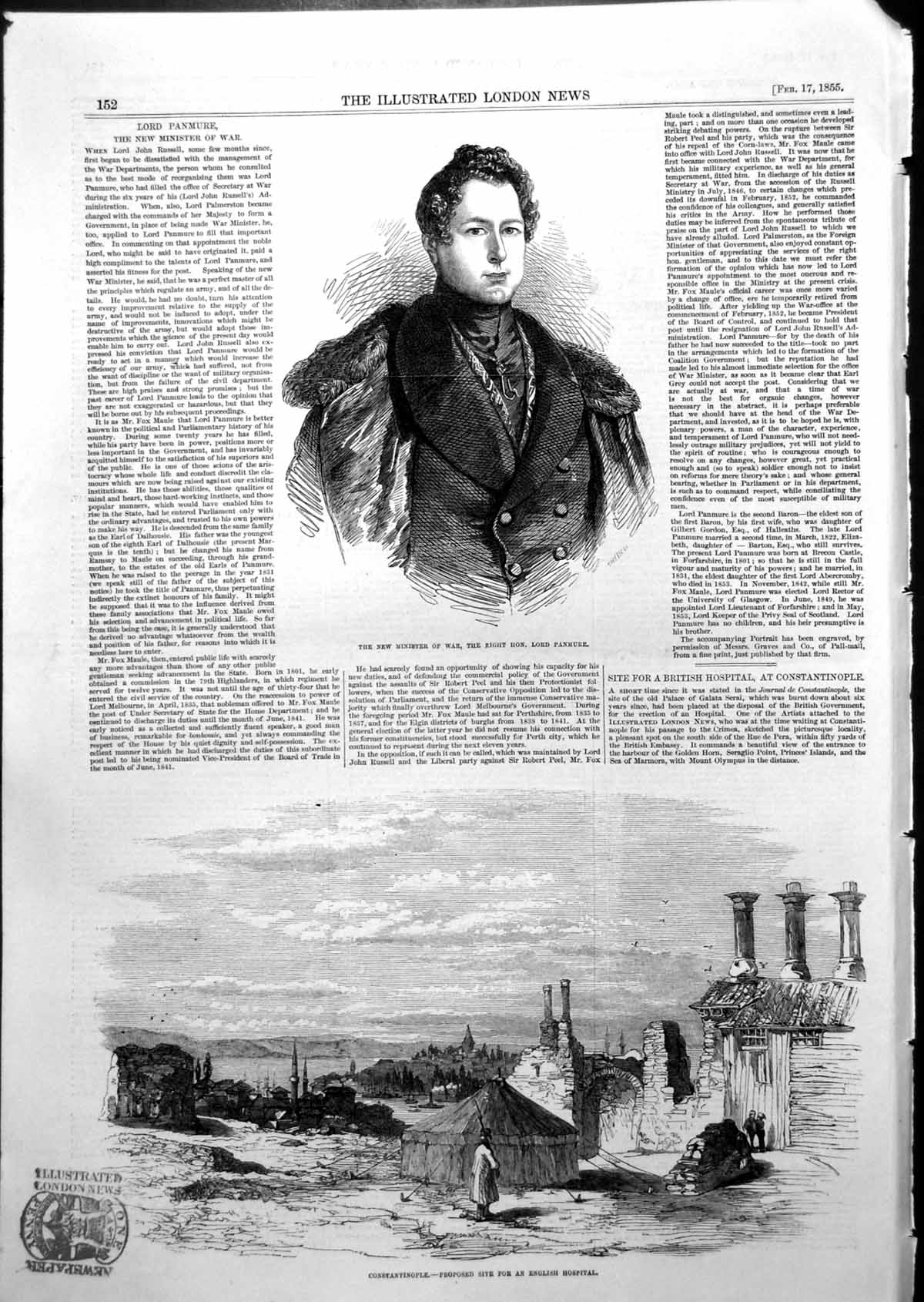 Antique Old Print Lord Panmure Minister War Constantinople Site Hospital 1855