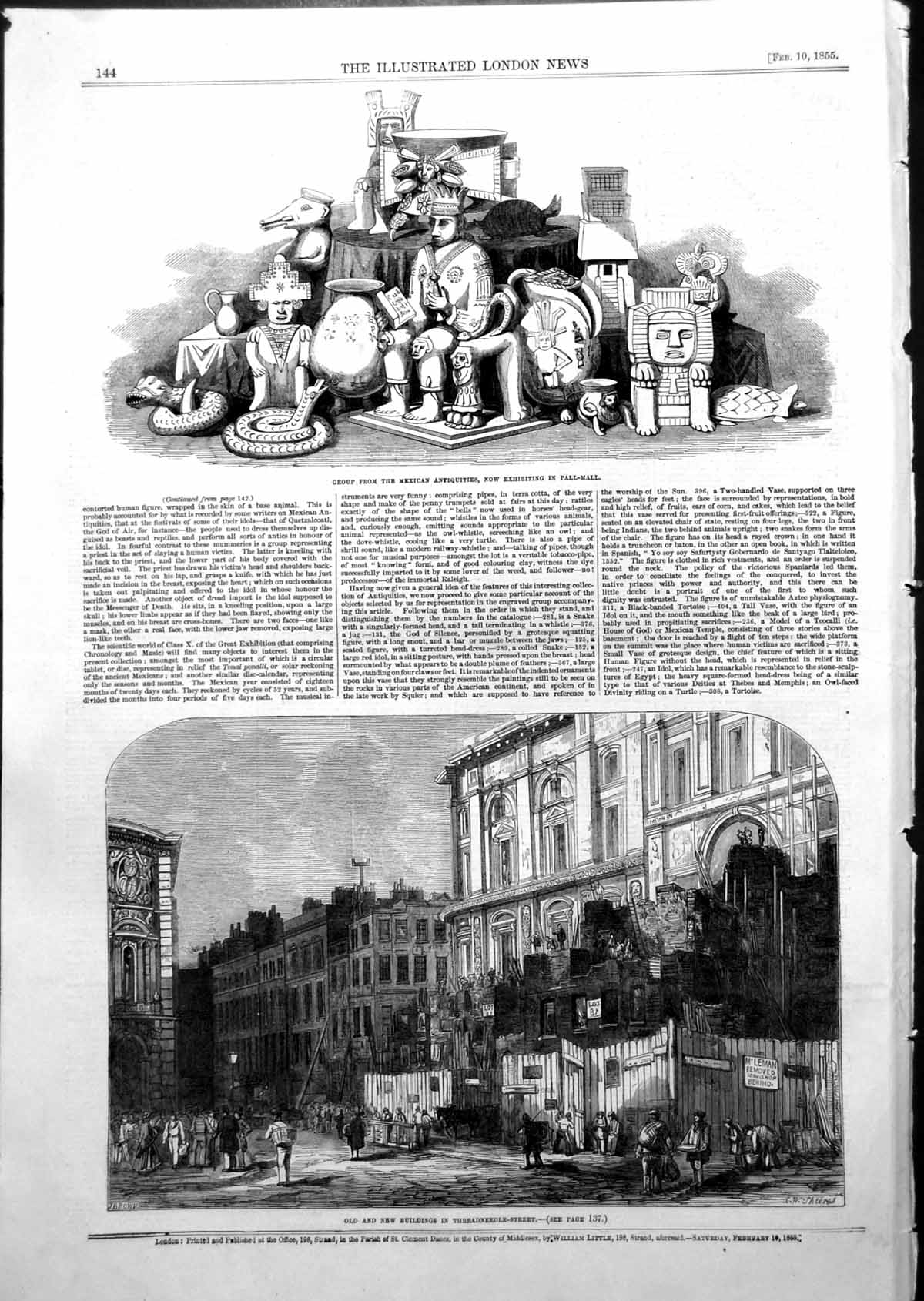 Old Antique Print Mexican Antiquities Pall Mall Threadneedle St New 1855 19th