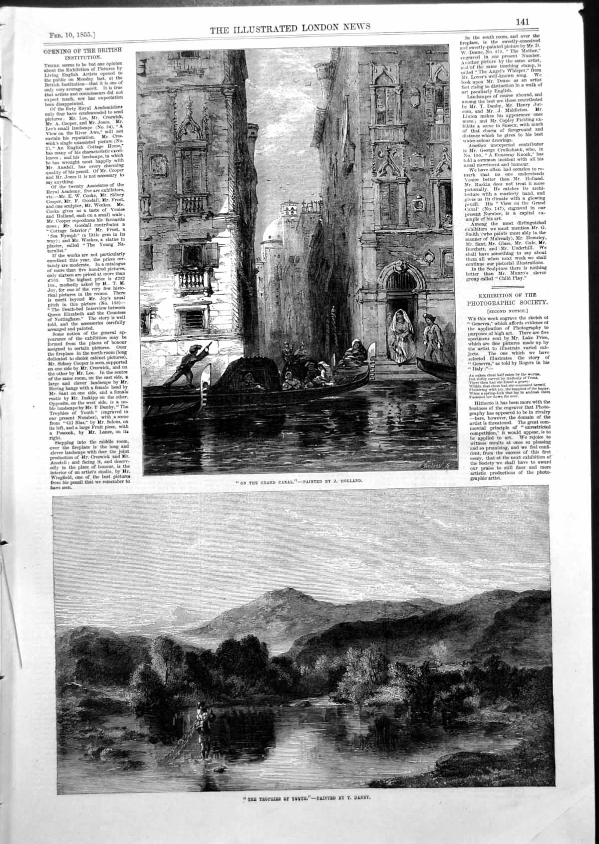 Old Antique Print Grand Canal J Holland Trophies Youth T Danby 1855 Ref.2 19th