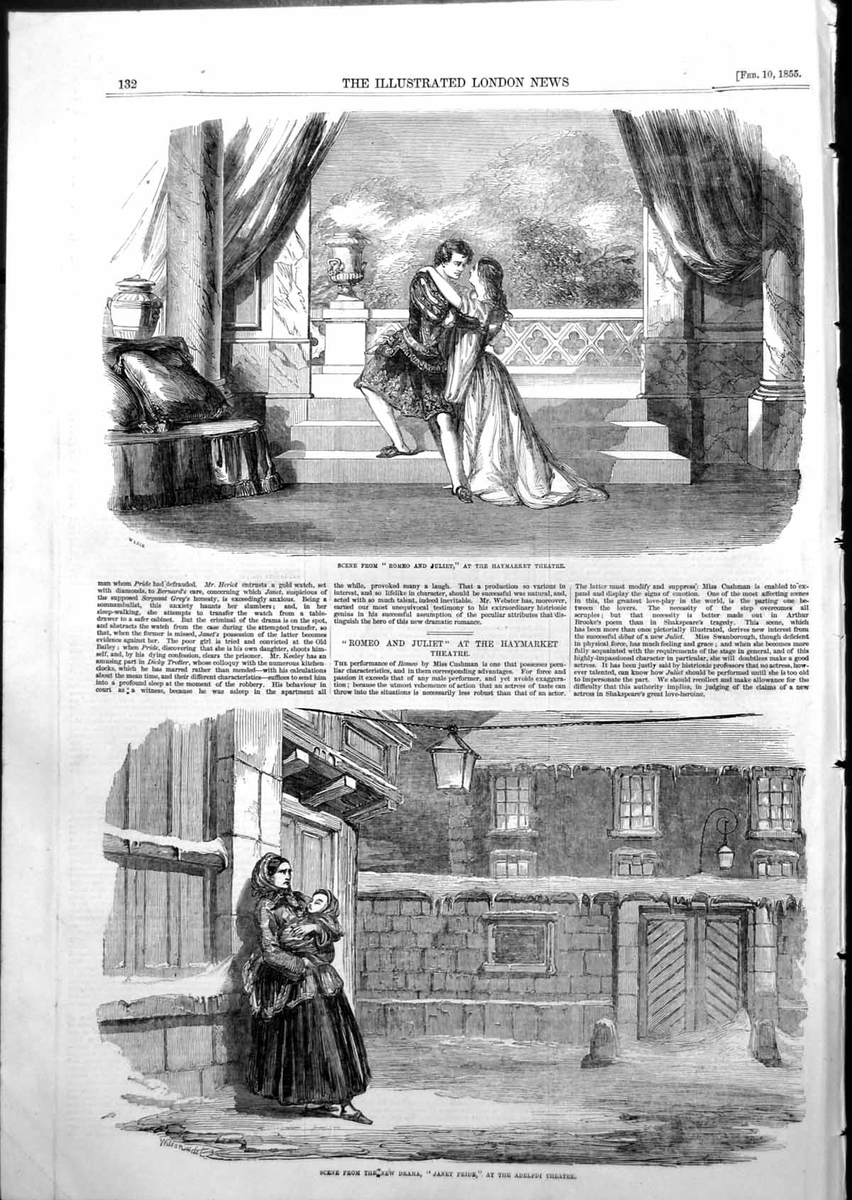 Antique Print Romeo Juliet Haymarket Drama Janet Pride Adelphi Theatre 1855