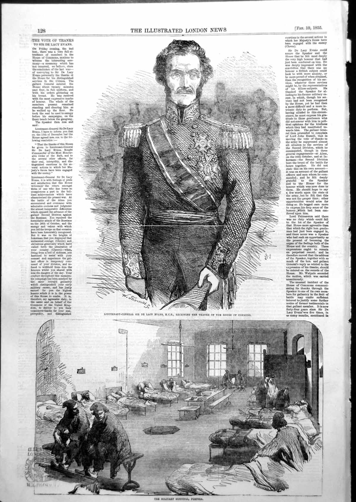 Antique Old Print Lieut Gen Sir De Lacy Evans Military Hospital Portsea 1855