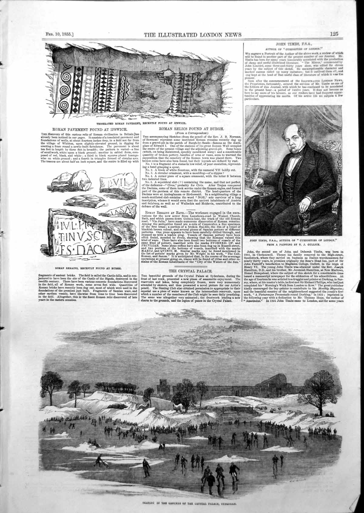 Antique Old Print Roman Pavement Ipswich Skating Grounds Crystal Palace 1855