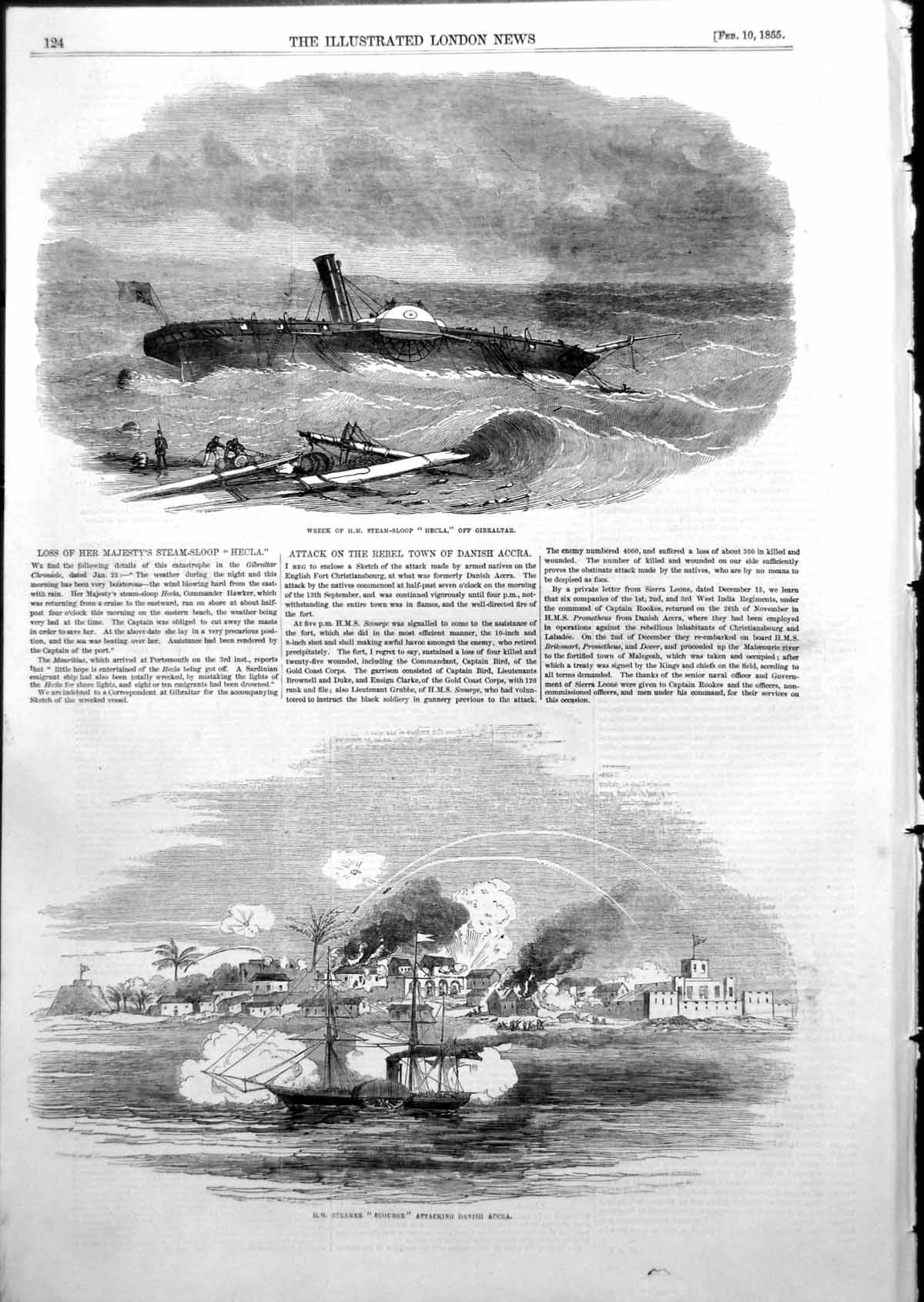 Antique Old Print Wreck Steam Sloop Hecla Gibraltar Scourge Attack Accra 1855