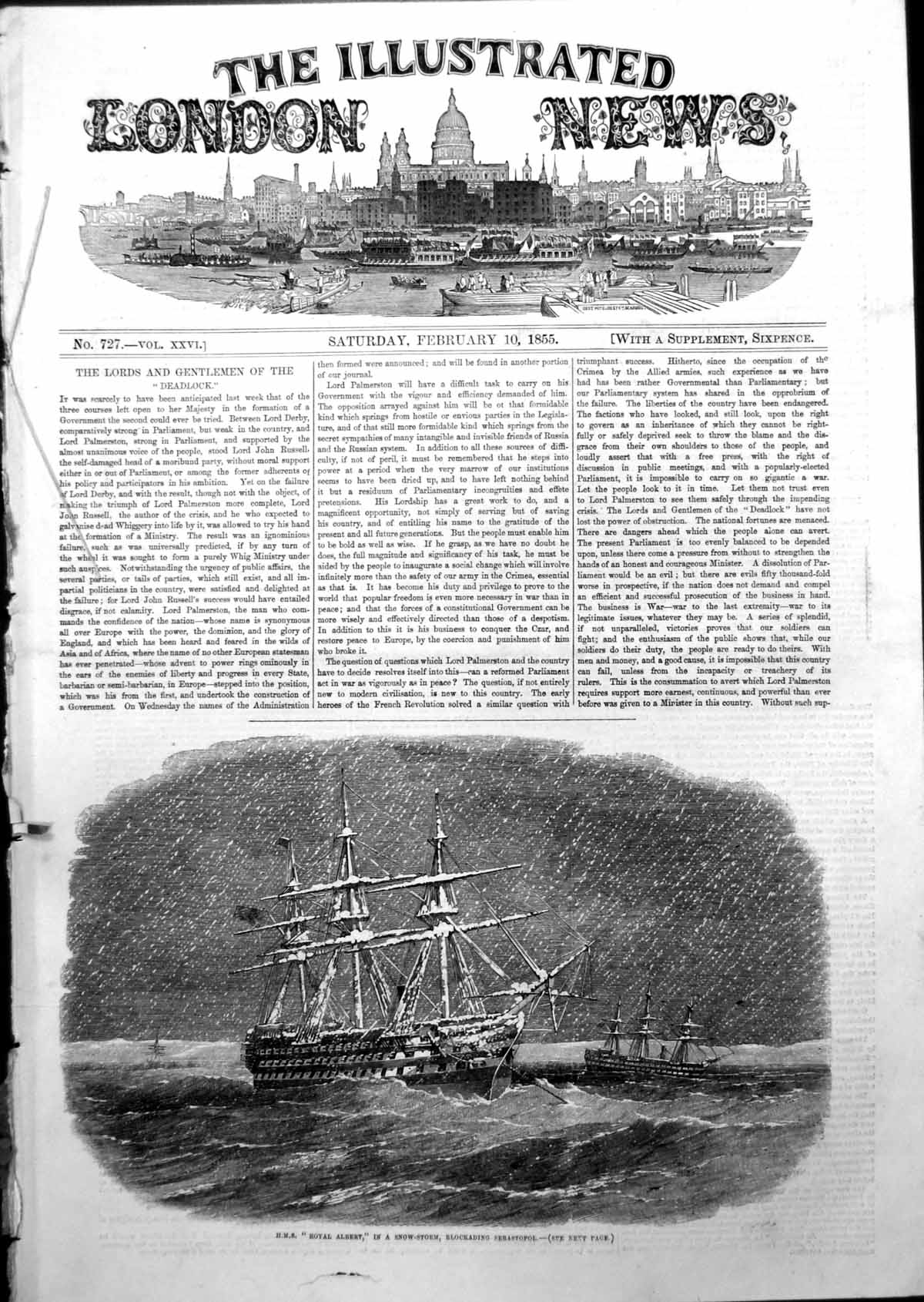 Old Antique Print Hms Royal Albert Snow Storm Blockading Sebastopol 1855 19th