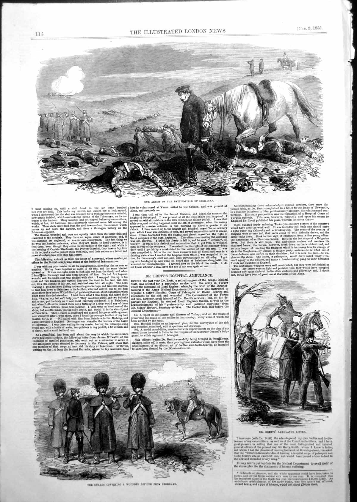 Antique Print Battle Field Inkerman Dr Bretts Ambulance Guards Wounded 1855