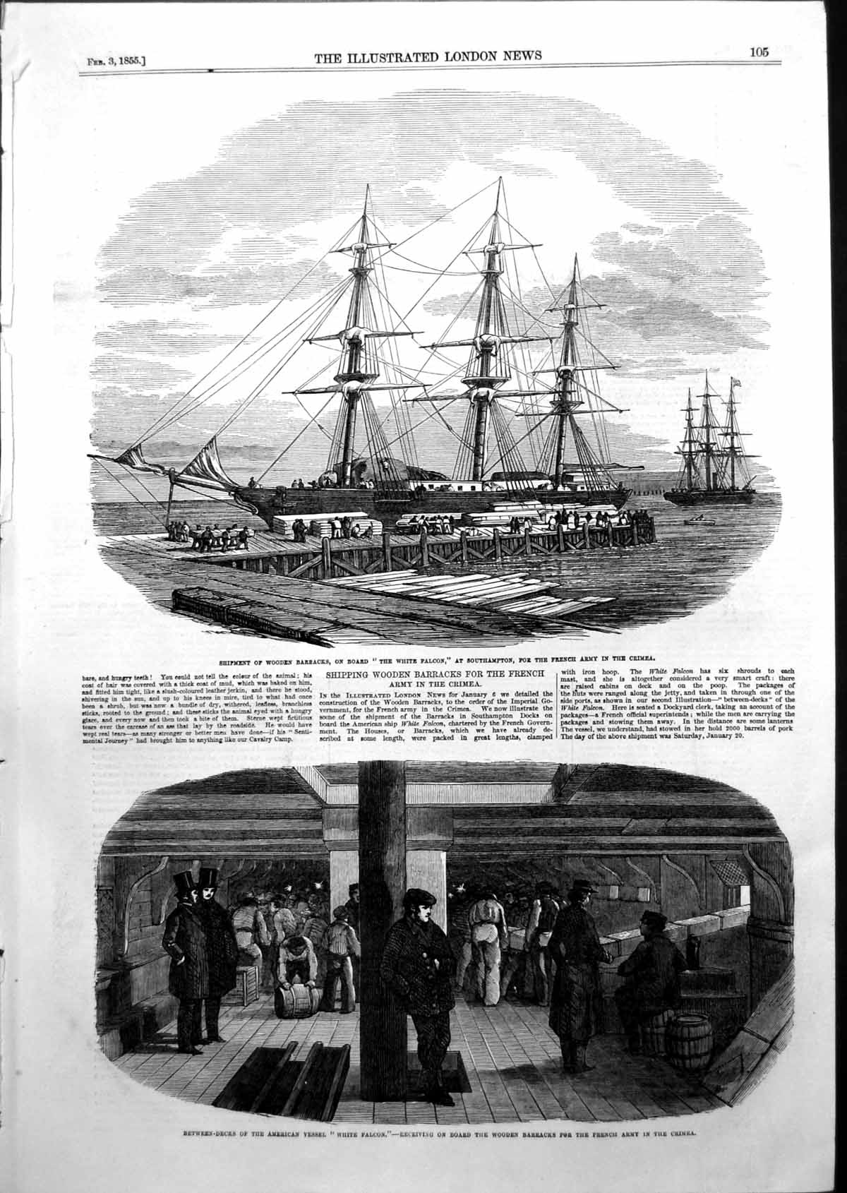 Antique Old Print Wooden Barracks White Falcon Southampton Army Crimea 1855