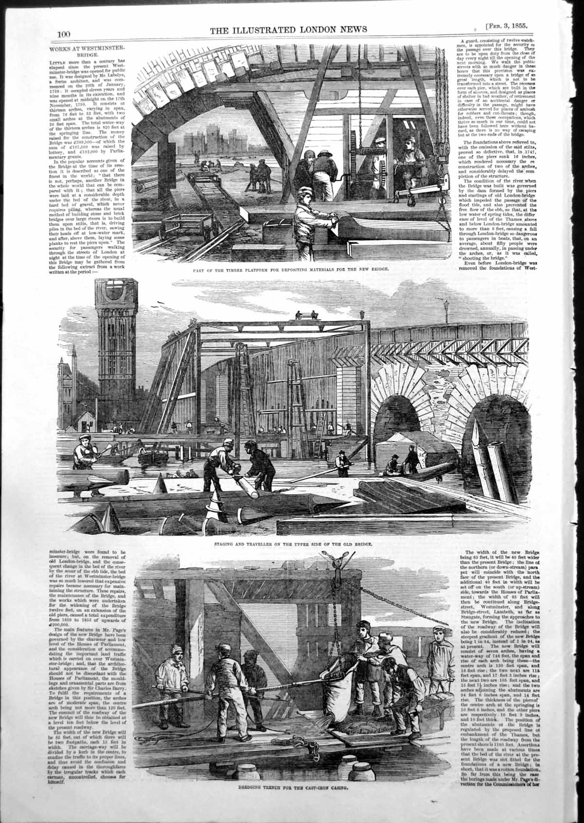 Antique Print Works Westminster Bridge Dredging Trench Timber Platform1855 19th