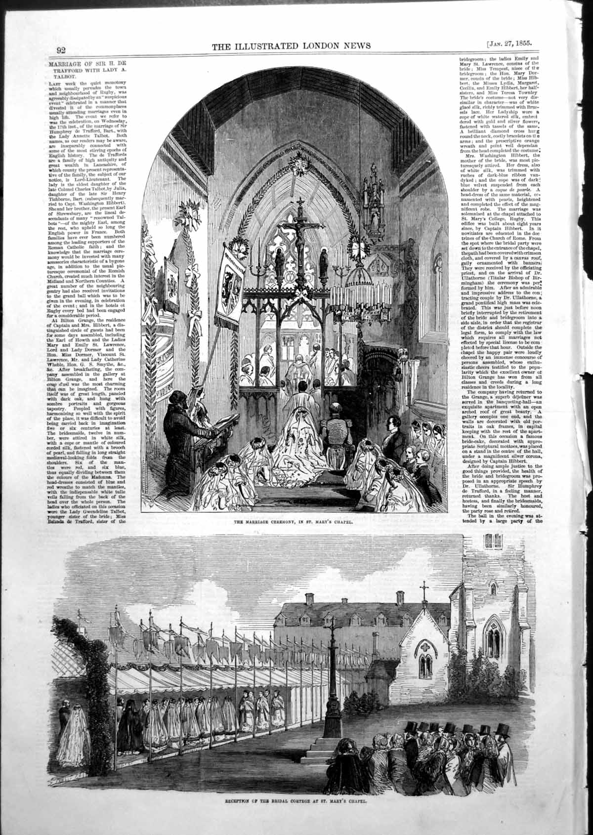 Antique Old Print Marriage H De Trafford Lady A Talbot St Marys Chapel 1855