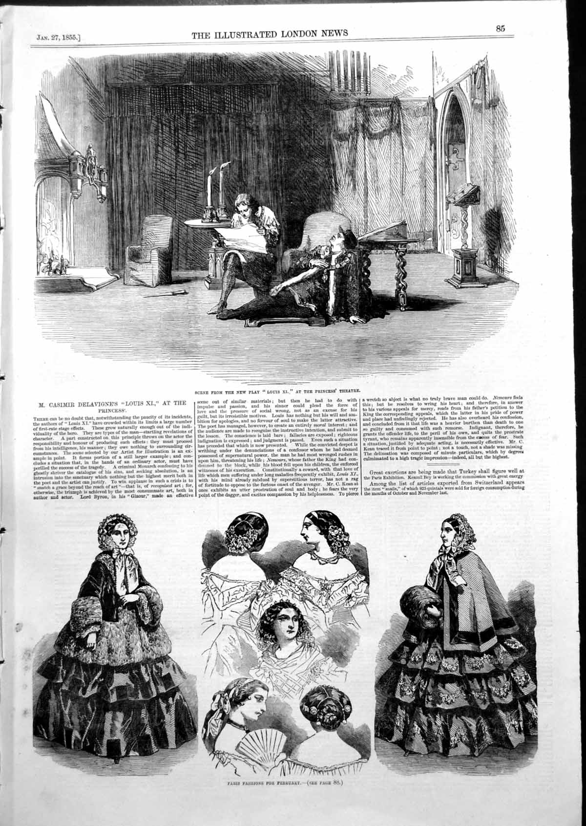 Old Print New Play Louis Xi Princess Theatre Paris Fashions February 1855 19th