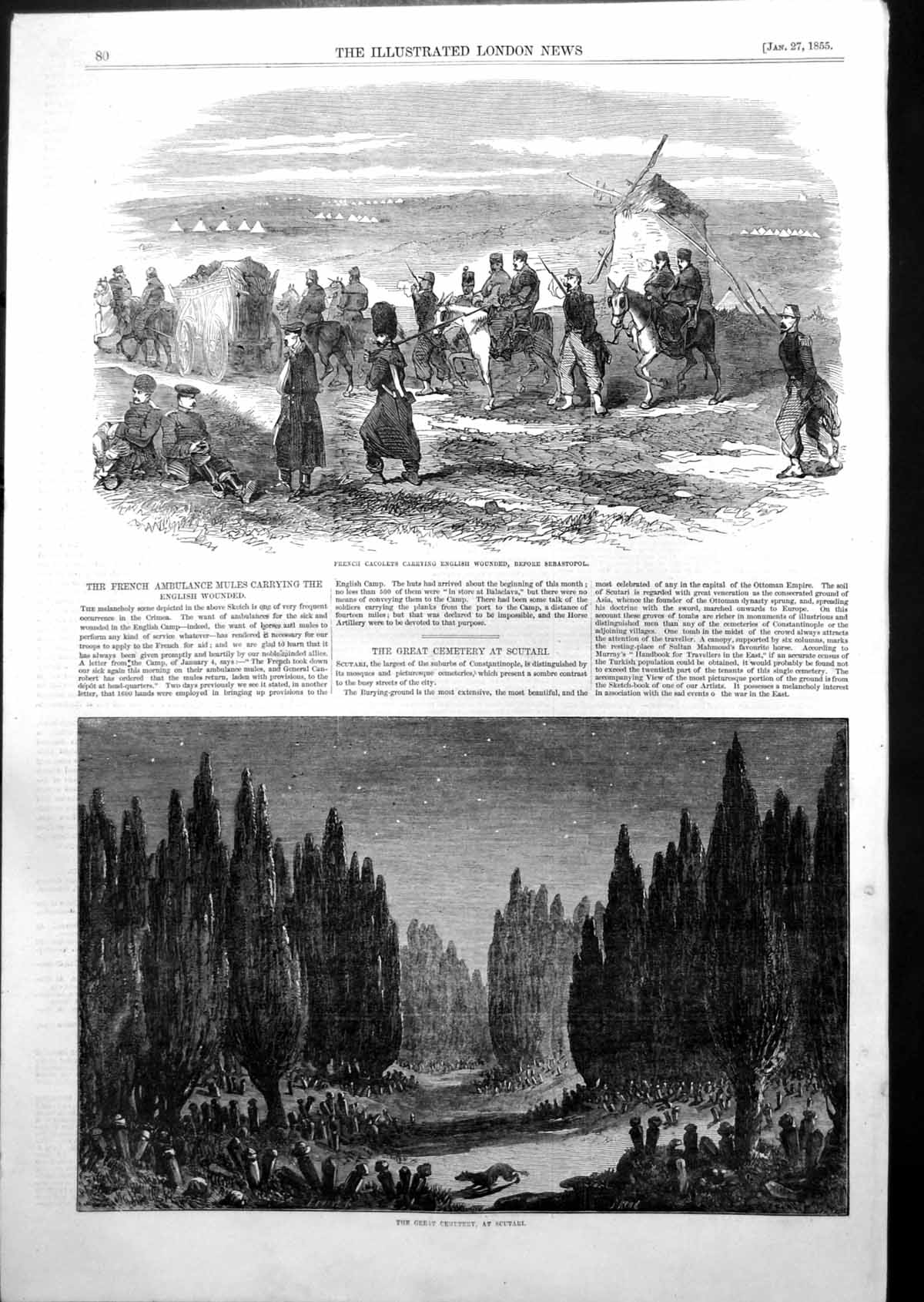 Antique Old Print Great Cemetery Scutari French Cacolets English Wounded 1855