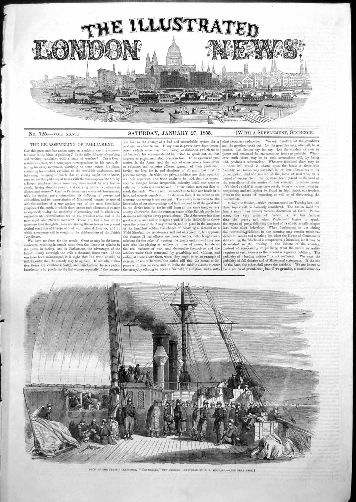 Old Antique Print Deck French Transport L'Euphrate Messina E Goodall 1855 19th