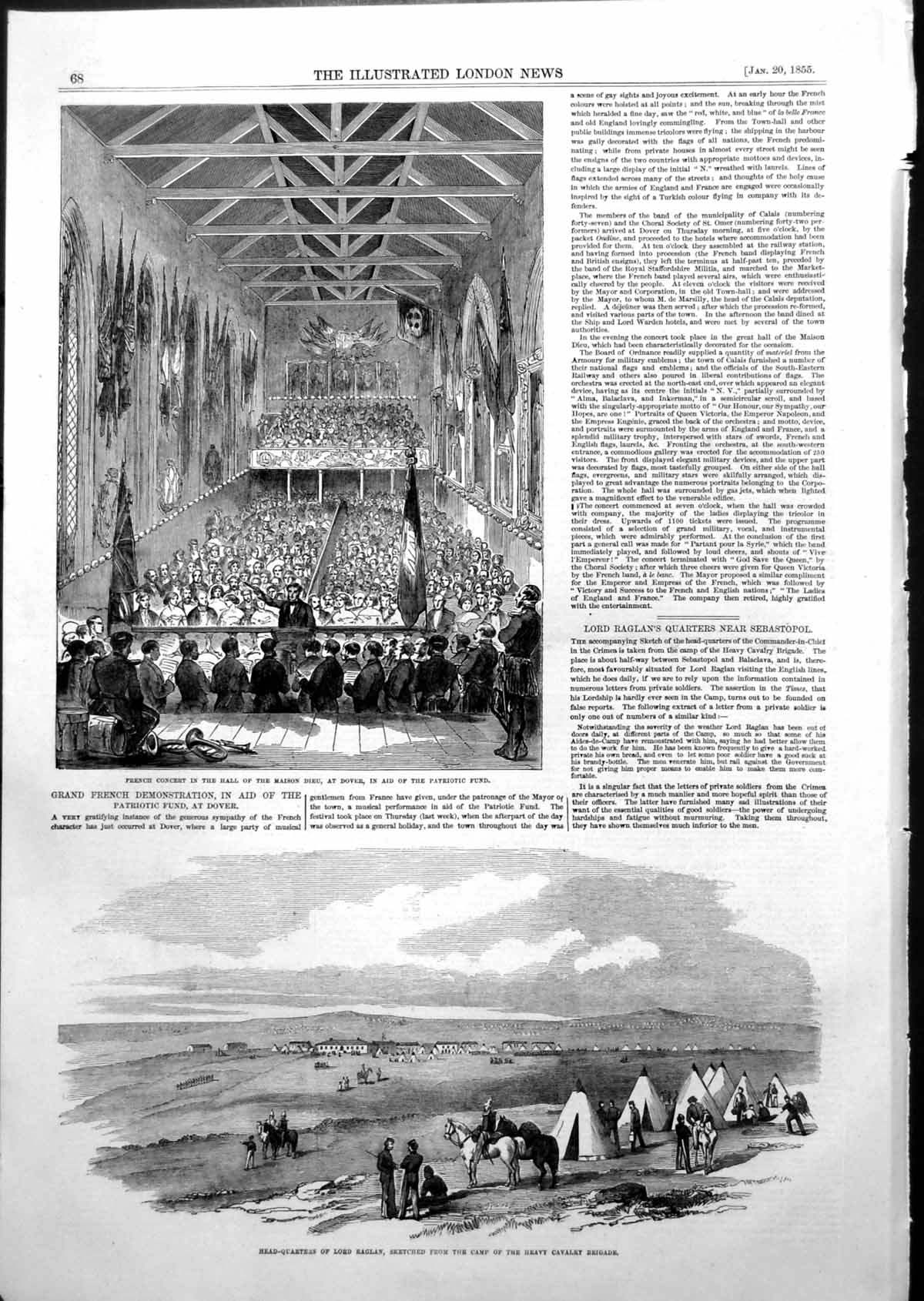 Old Antique Print Concert Dover Patriotic Fund Hq Lord Raglan Camp 1855 19th