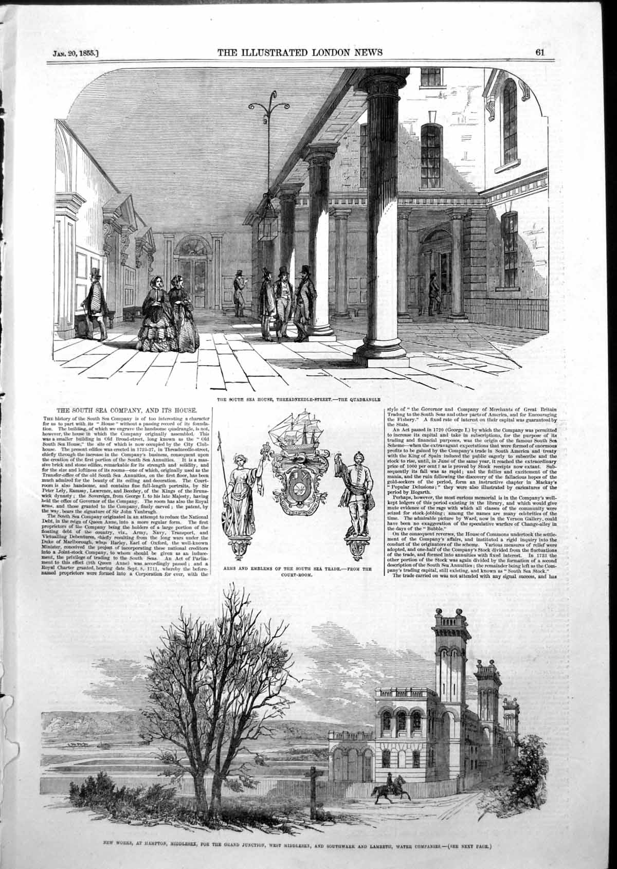 Old Antique Print South Sea House Works Hampton Southwark Water Co 1855 19th