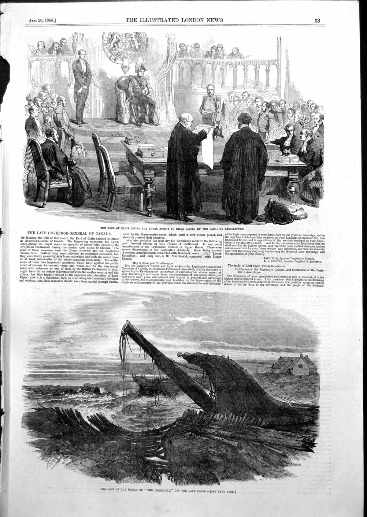 Antique Print Wreck Charlotte Cape Coast Earl Elgin Royal Assent Bills 1855