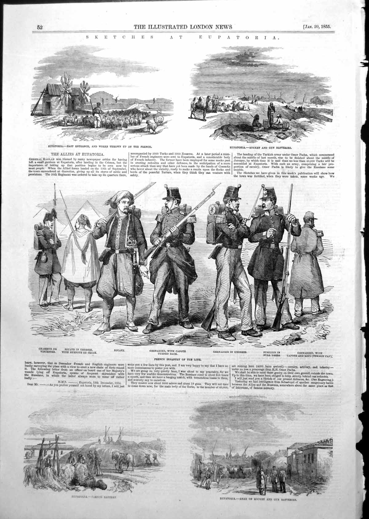 Old Antique Print Eupatoria French Infantry Battery Zouave Grenadier 1855 19th
