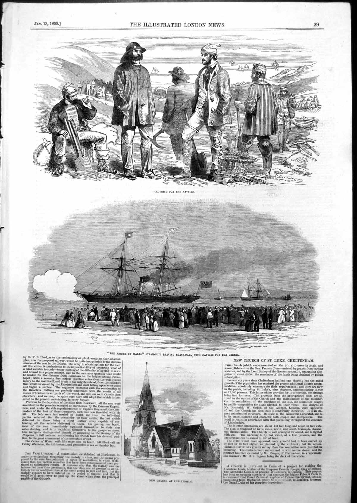 Old Antique Print Church Cheltenham Prince Wales Ship Navvies Crimea 1855 19th