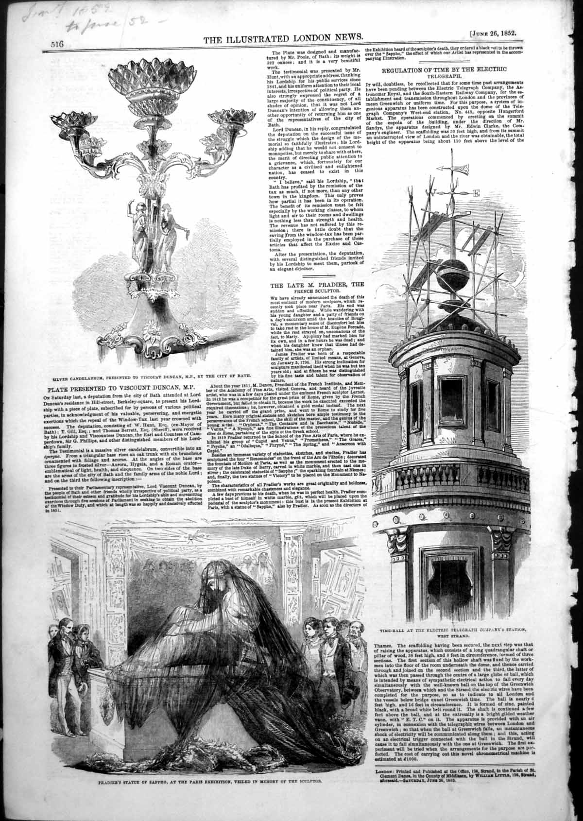 Antique Old Print Pradiers Statue Sappho Time Ball Electric Telegraph Co 1852