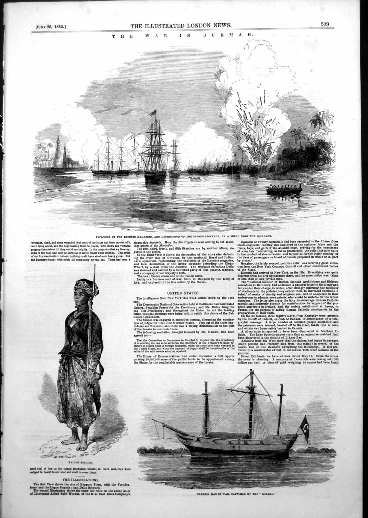 Original Old Antique Print War Burmah Destruction Stockade Talien Sier 1852