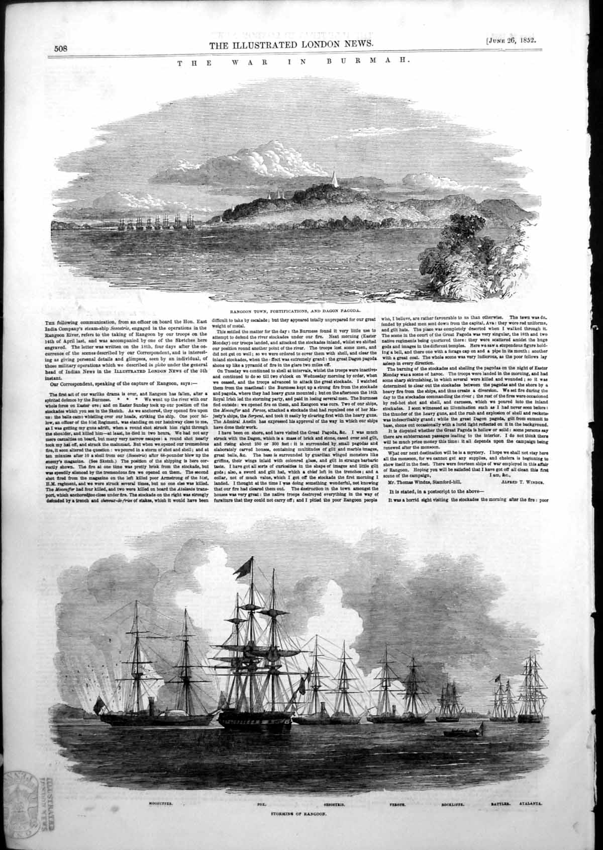 Antique Old Print War Burmah Storming Rangoon Dagon Pagoda Feroze Fox 1852 19th