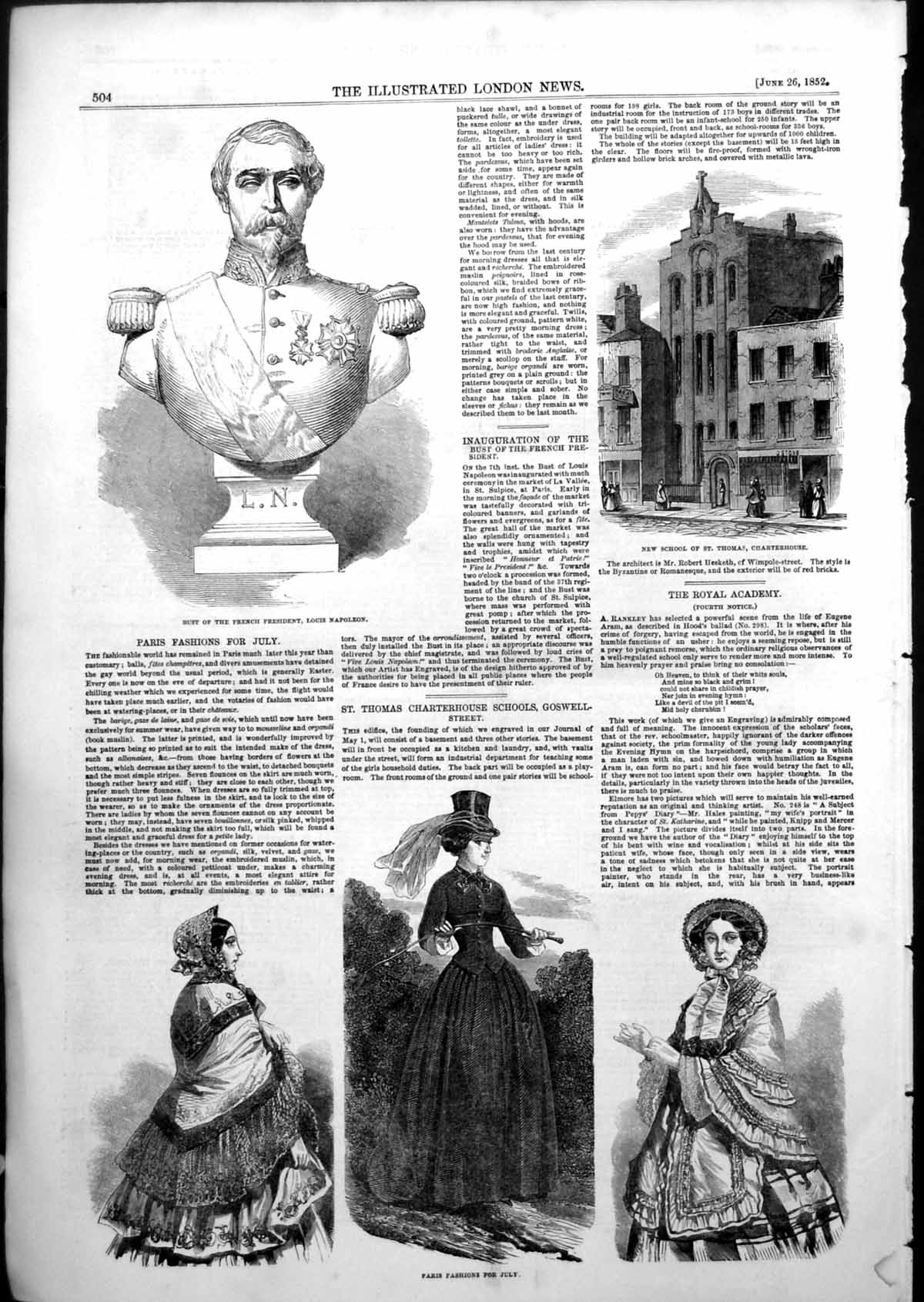 Old Antique Print School St Thomas Charterhouse Paris Fashions July 1852 19th