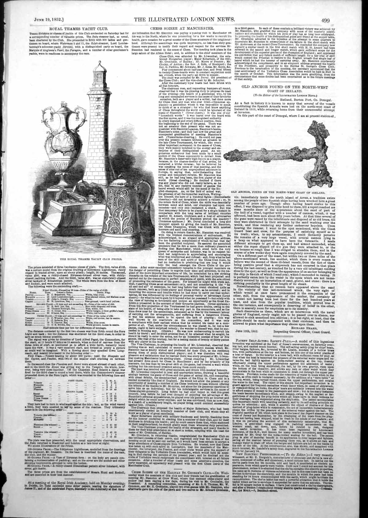 Antique Old Print Royal Thames Yacht Club Prizes Anchor Coast Ireland 1852 19th