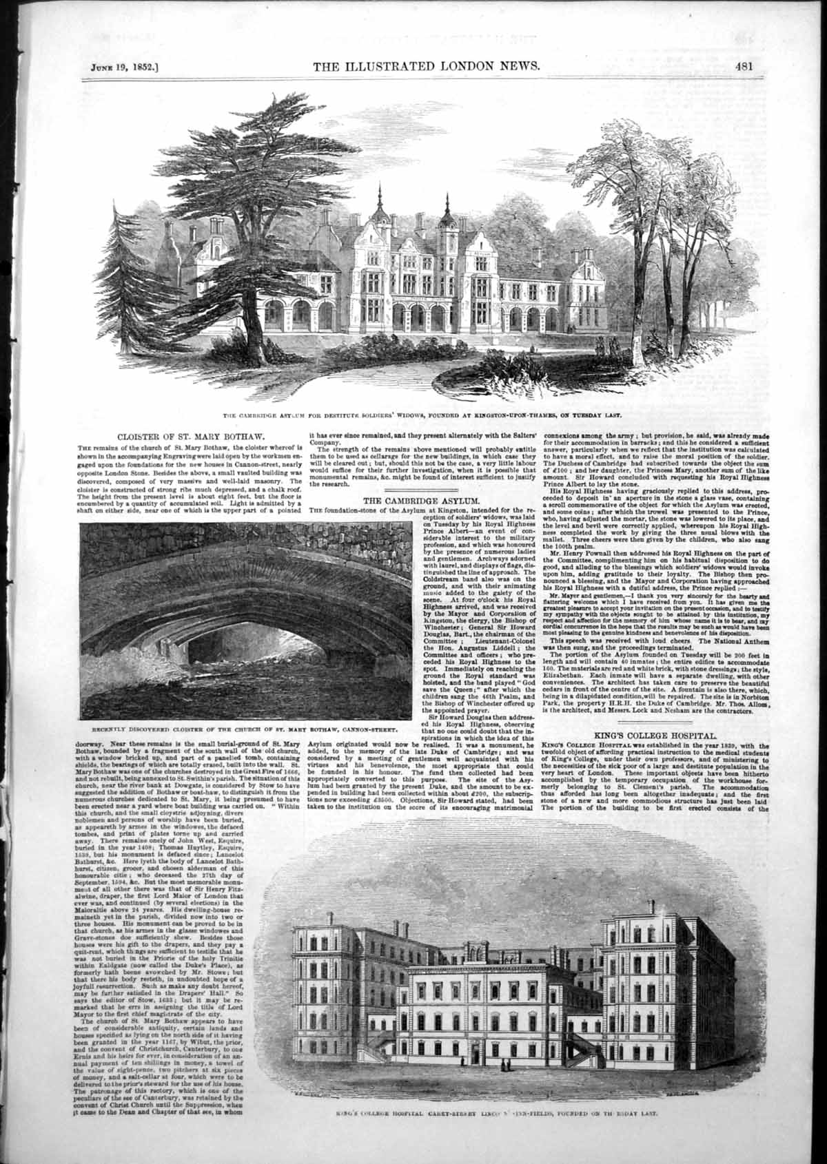 Antique Old Print Cambridge Asylum Siers Widows Kings College Hospital 1852