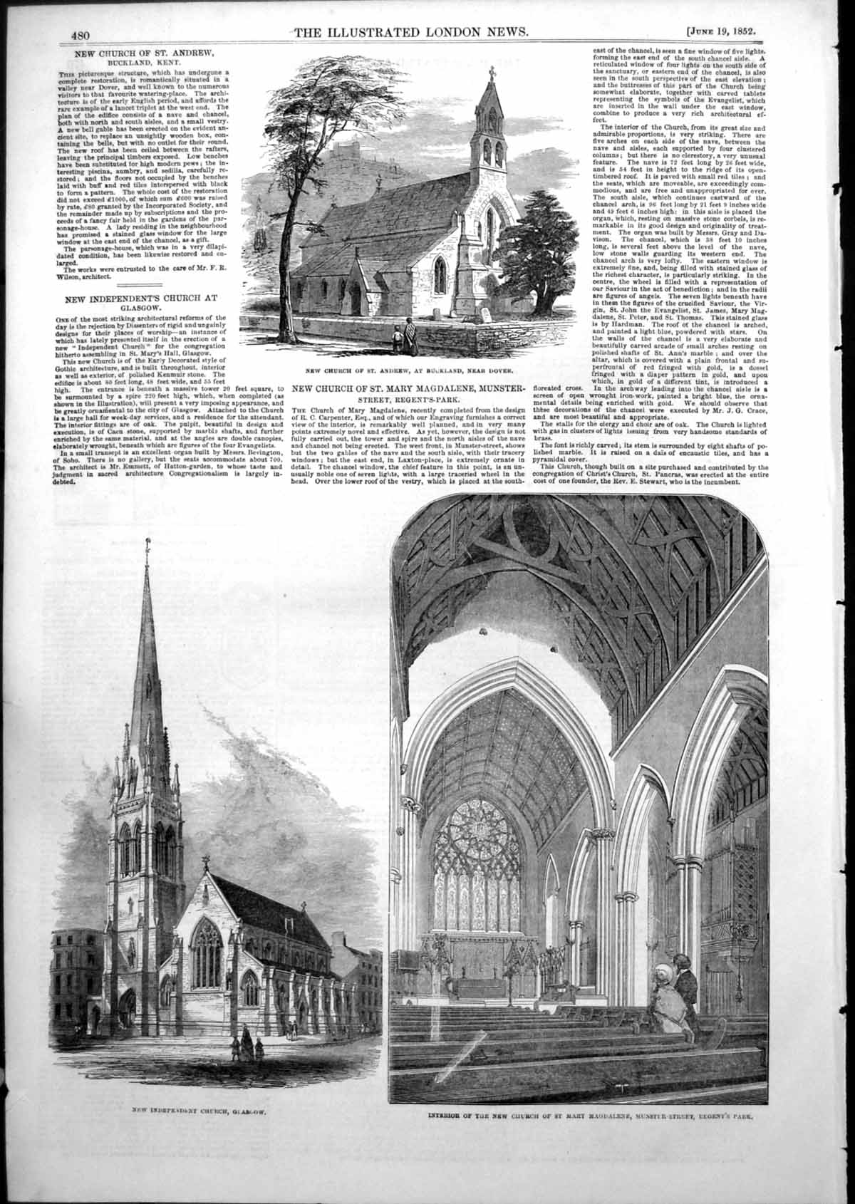 Antique Old Print Church St Andrew Buckland Independent Church Glasgow 1852