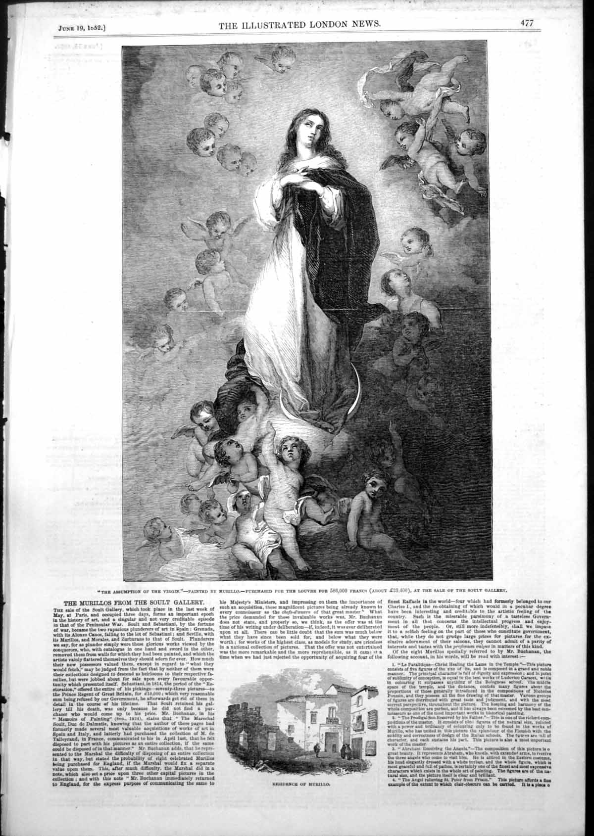 Old Antique Print Assumption Virgin Murillo Louvre Residence Murillo 1852 19th