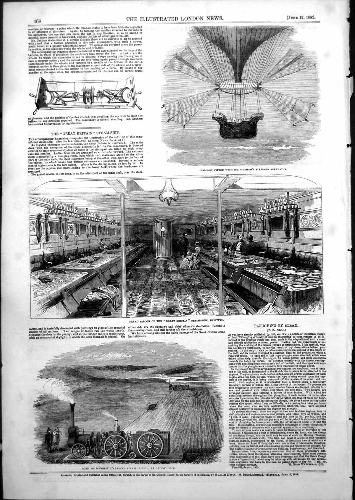 Old Antique Print Grand Sallon Great Britain Steam Ship Steam Plough 1852 19th