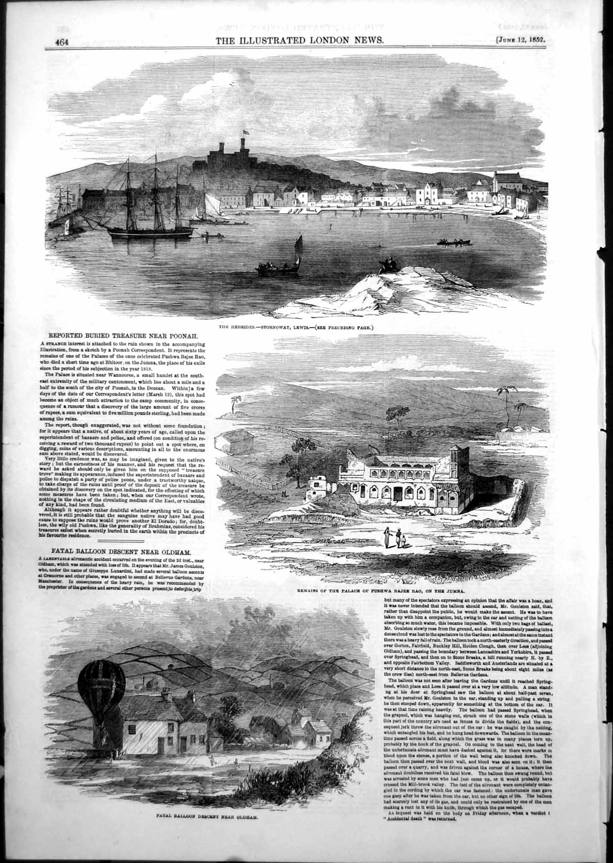 Old Antique Print Hebrides Stornoway Lewis Fatal Balloon Descent ham 1852 19th