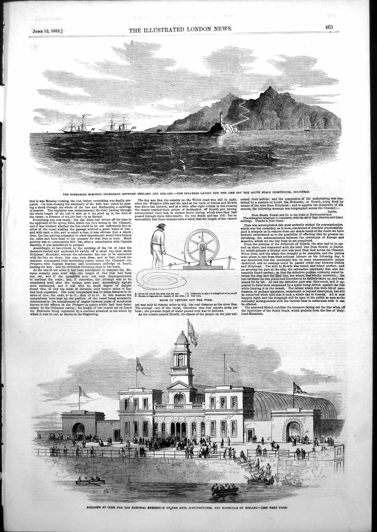 Old Print National Exhibition Arts Cork Submarine Telegraph Holyhead1852 19th