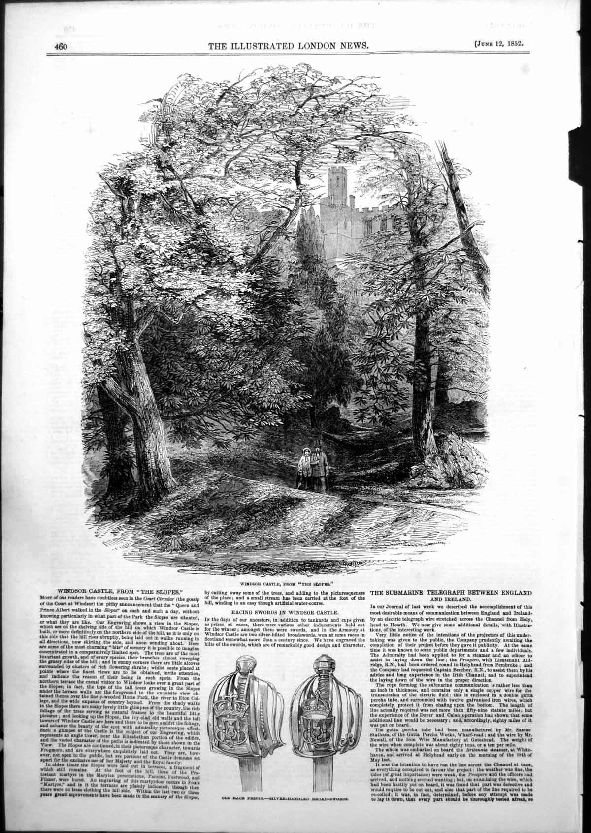 Antique Old Print Windsor Castle Slopes Race Prizes Silver Handled Swords1852