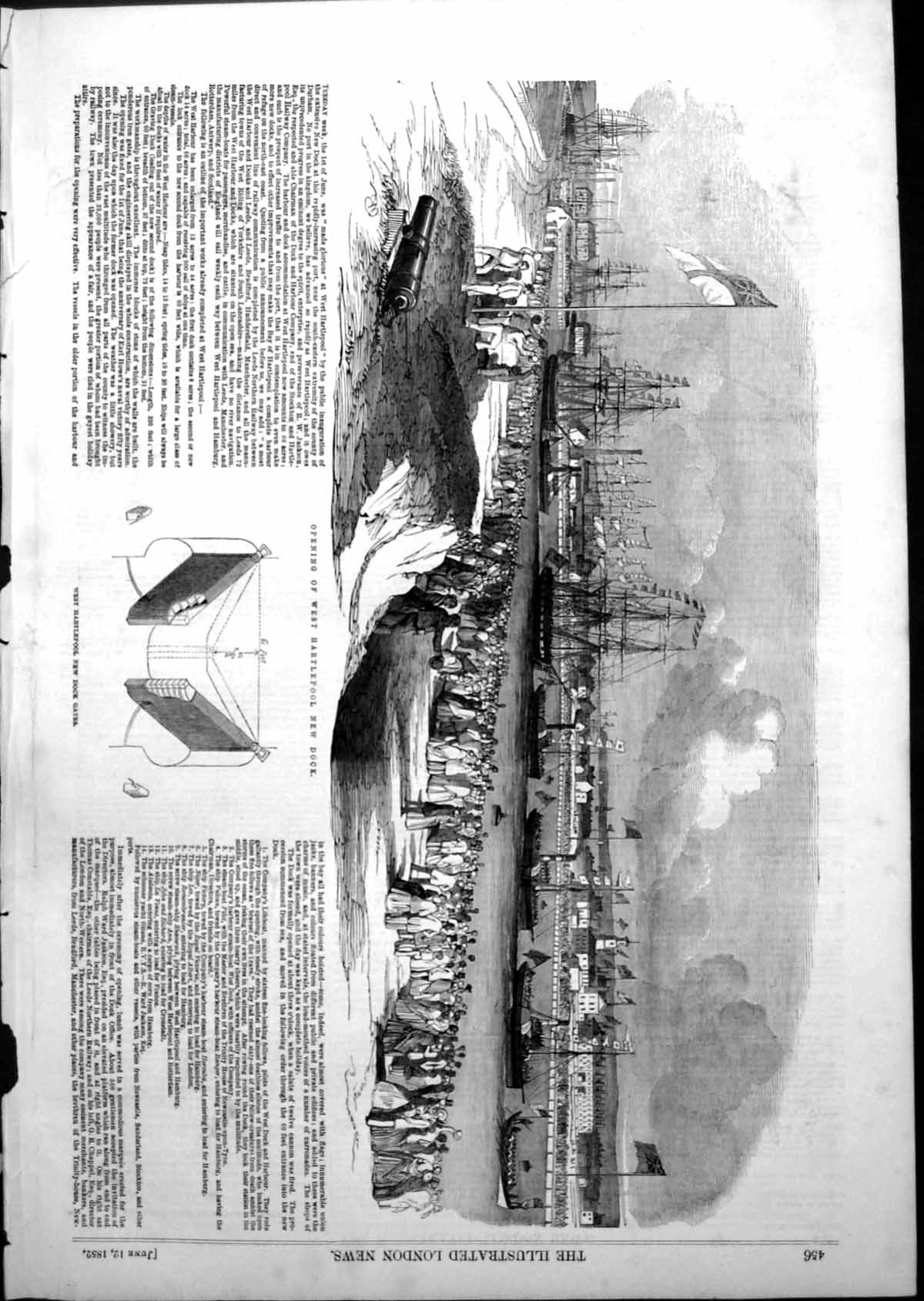 Original Old Antique Print Opening West Hartlepool New Dock Diagram Gates 1852