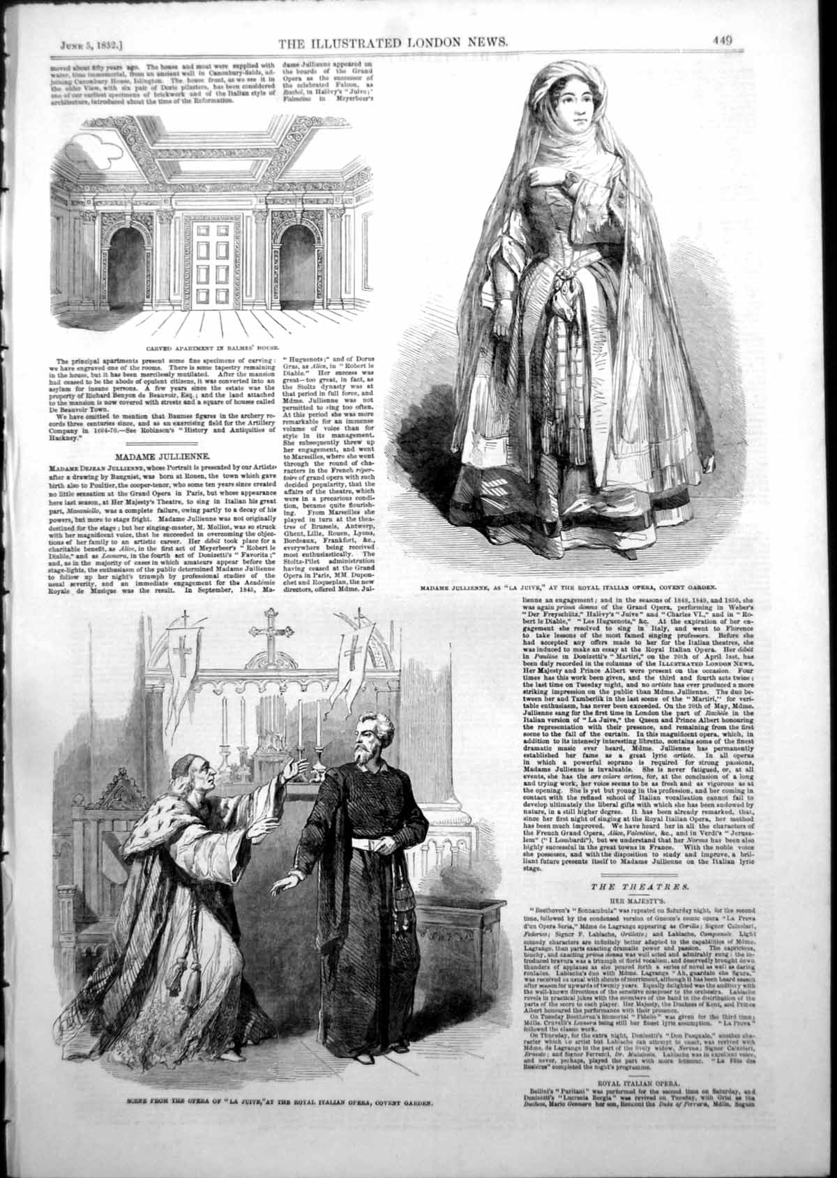 Antique Old Print La Juive Italian Opera Carved Apartment Balmes House 1852