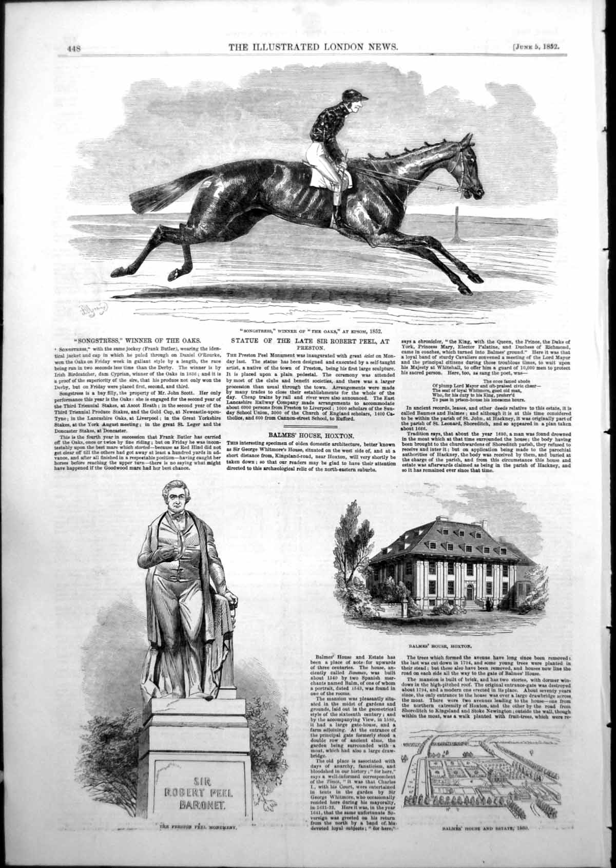 Old Antique Print Songstress Winner Oaks Epsom Balmes House Hoxton 1852 19th