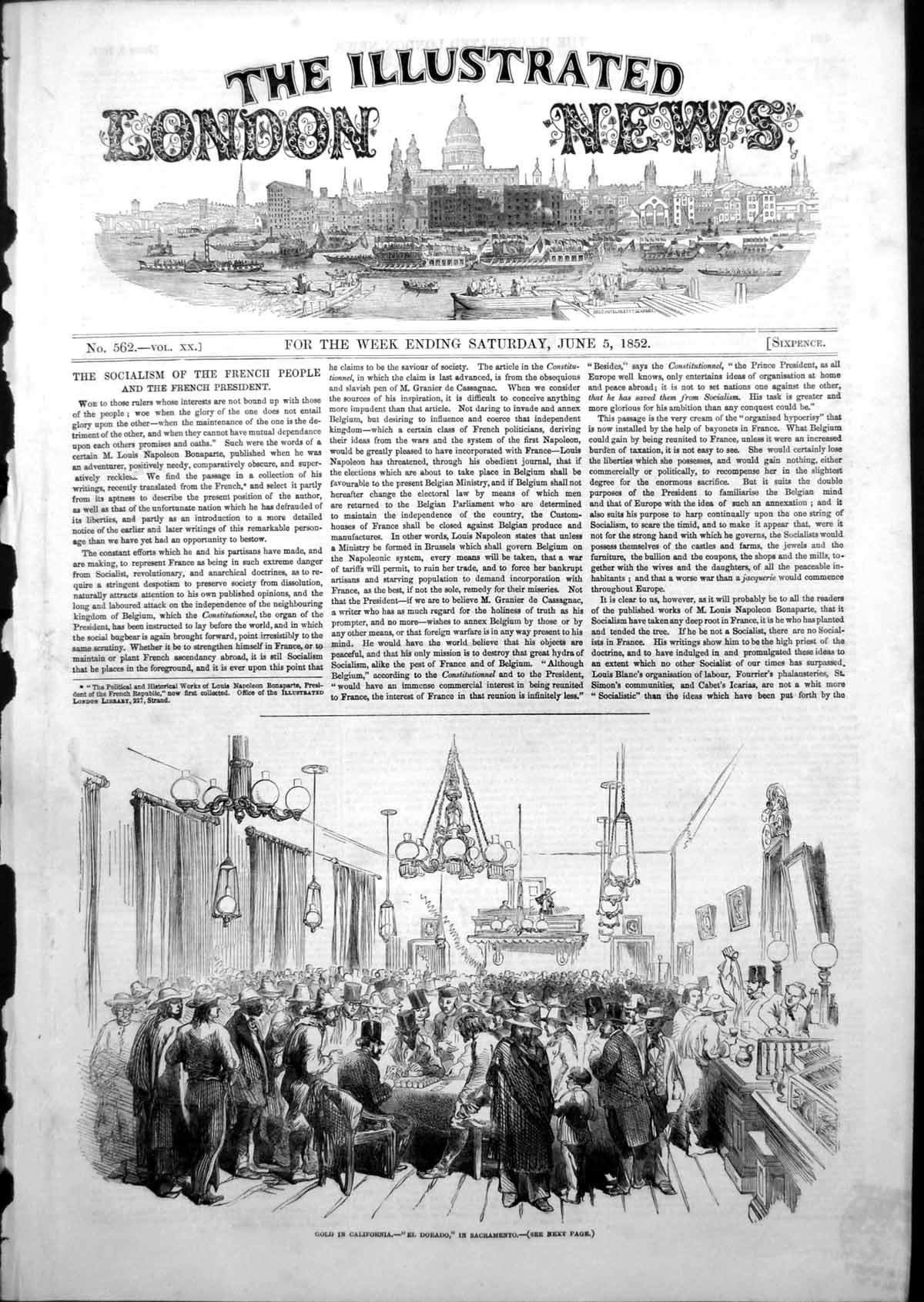 Original Old Antique Print GCalifornia El Dorado Sacramento Gambling Salon 1852