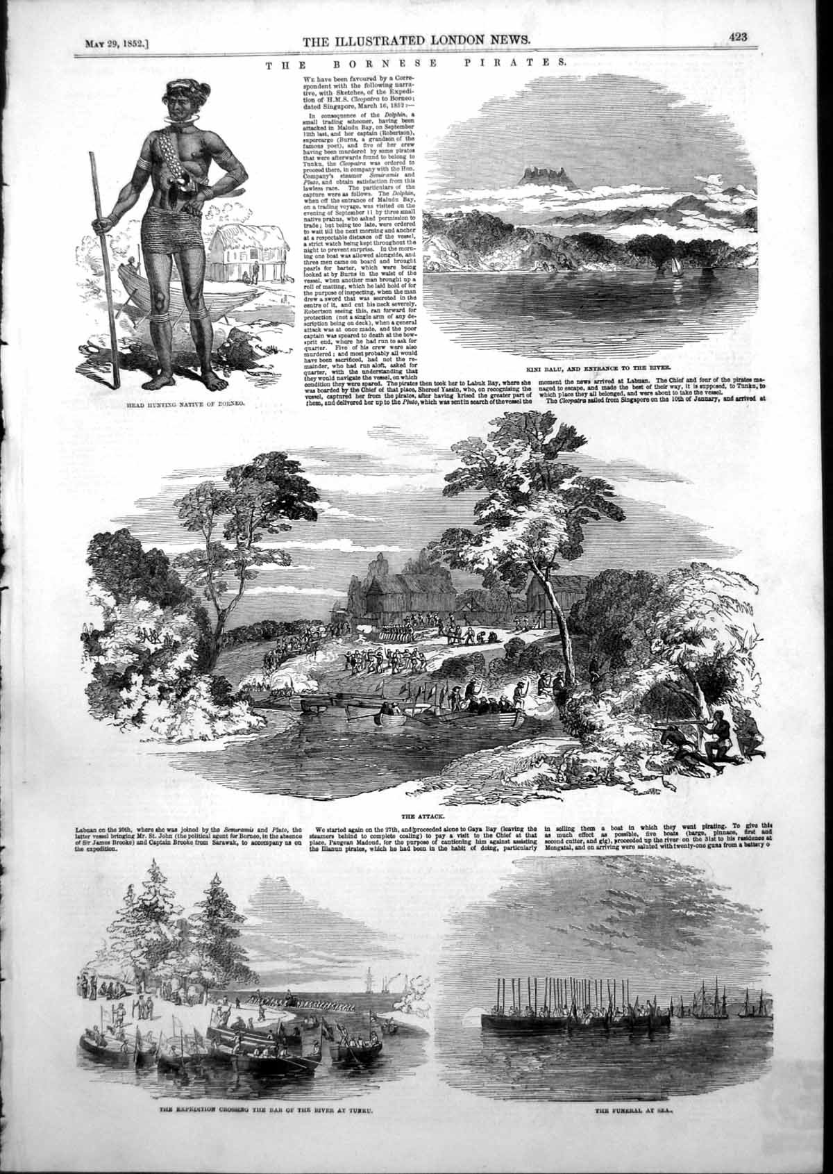 Antique Old Print Bornese Pirates Kini Balu Attack Crossing River Tunku 1852
