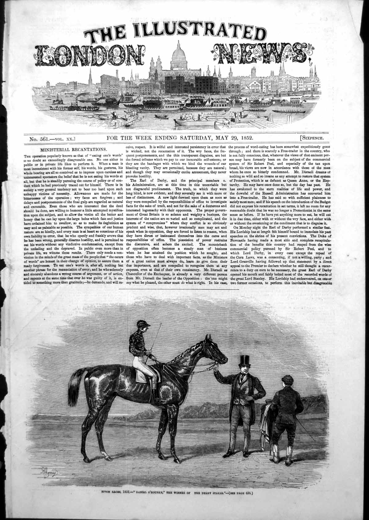 Original Old Antique Print Epsom Races Daniel O'Rourke Winner Derby Stakes 1852