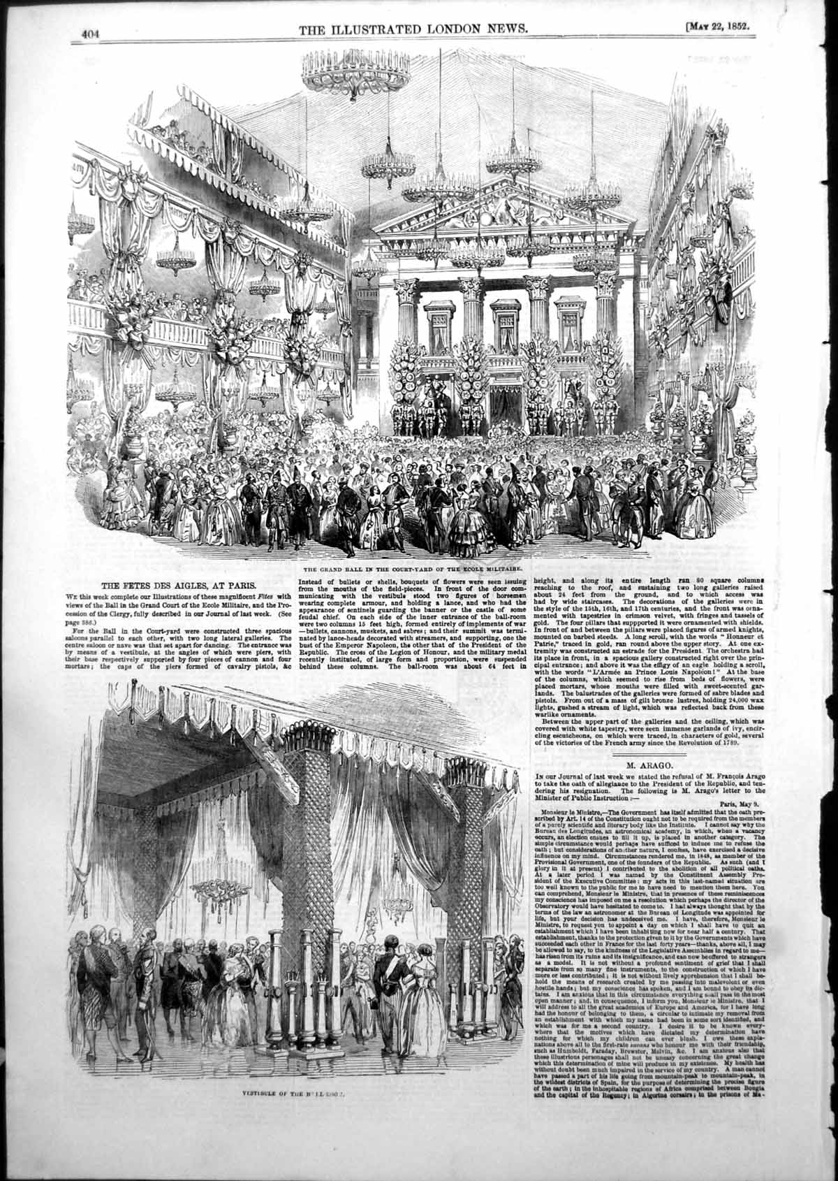 Antique Print Grand Ball Courtyard Ecole Militaire Vestibule Ball Room 1852