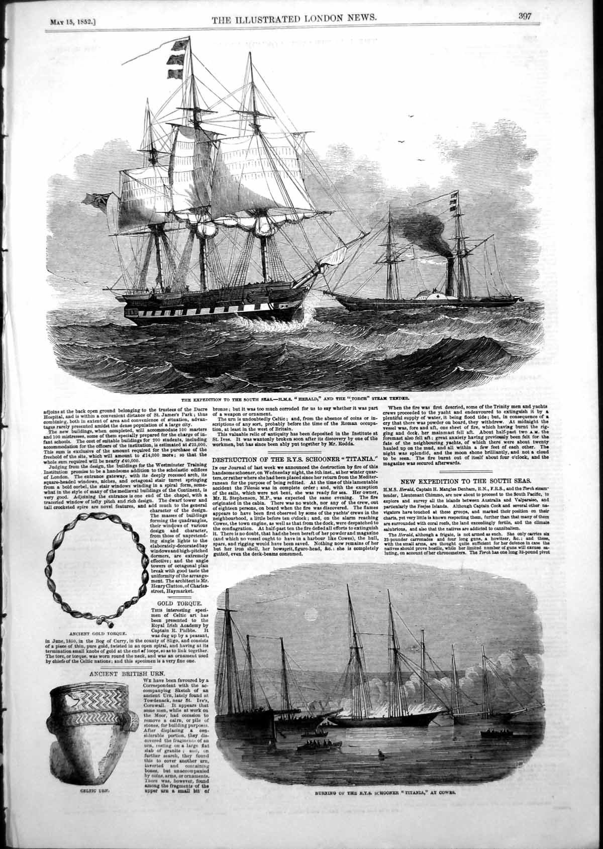 Antique Old Print Burning Schooner Titania Cowes S Seas Hms Herald Torch 1852