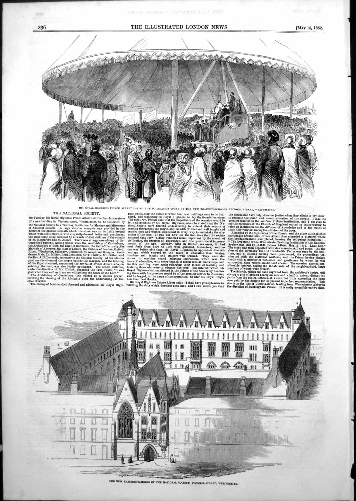 Antique Old Print Prince Albert New Training Schools Westminster Nat Soc 1852