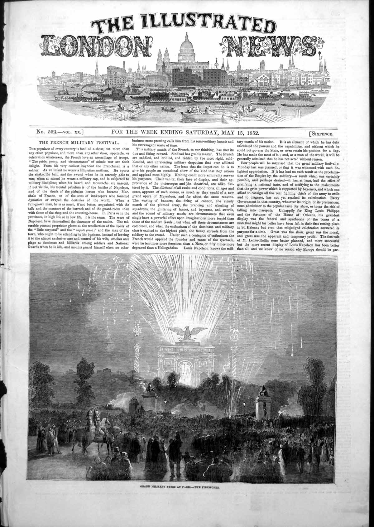 Old Antique Print Grand Military Fetes Paris Fireworks Vive Napoleon 1852 19th