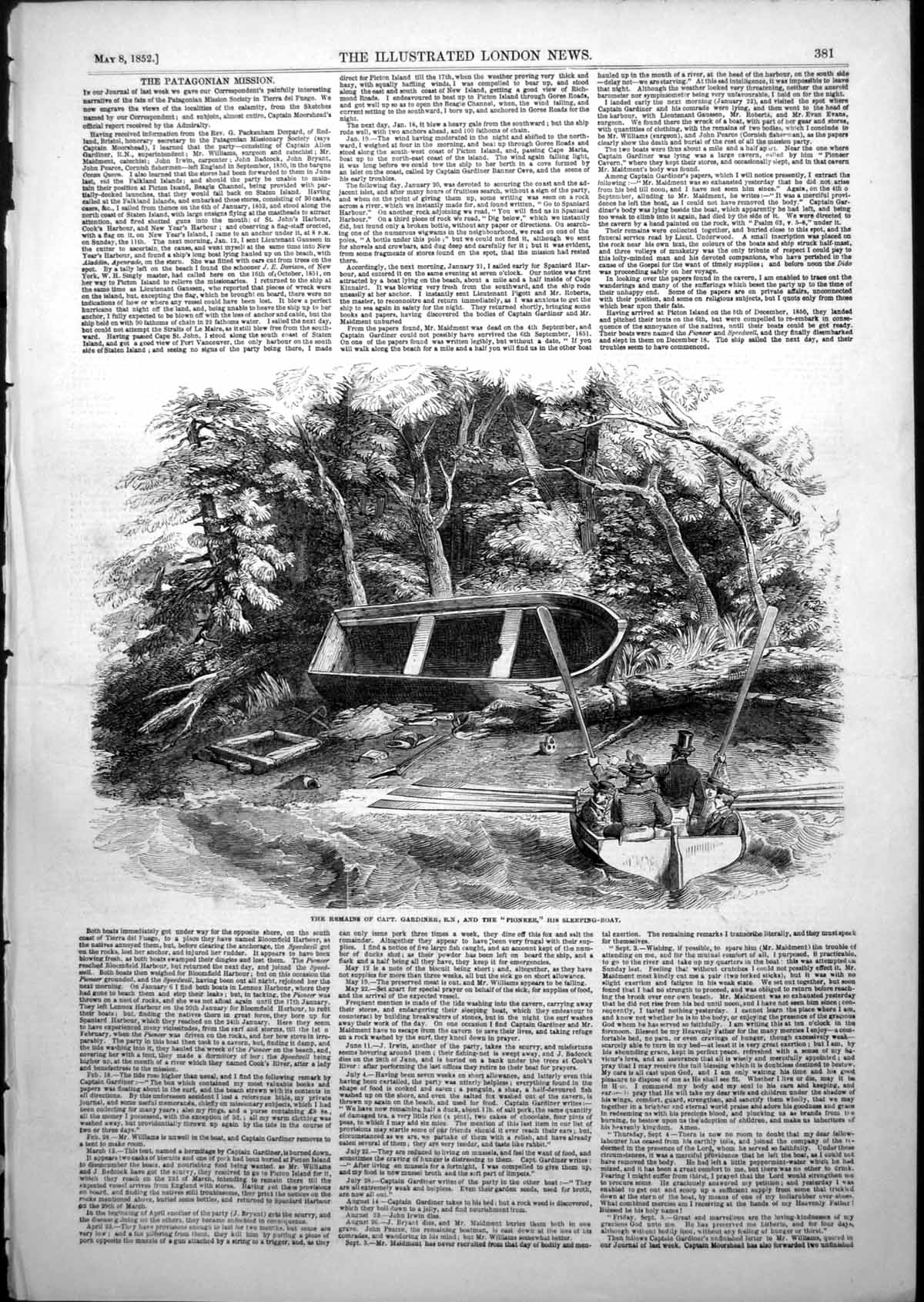 Original Old Antique Print Remains Capt Gardiner R N Pioneer Sleeping Boat 1852