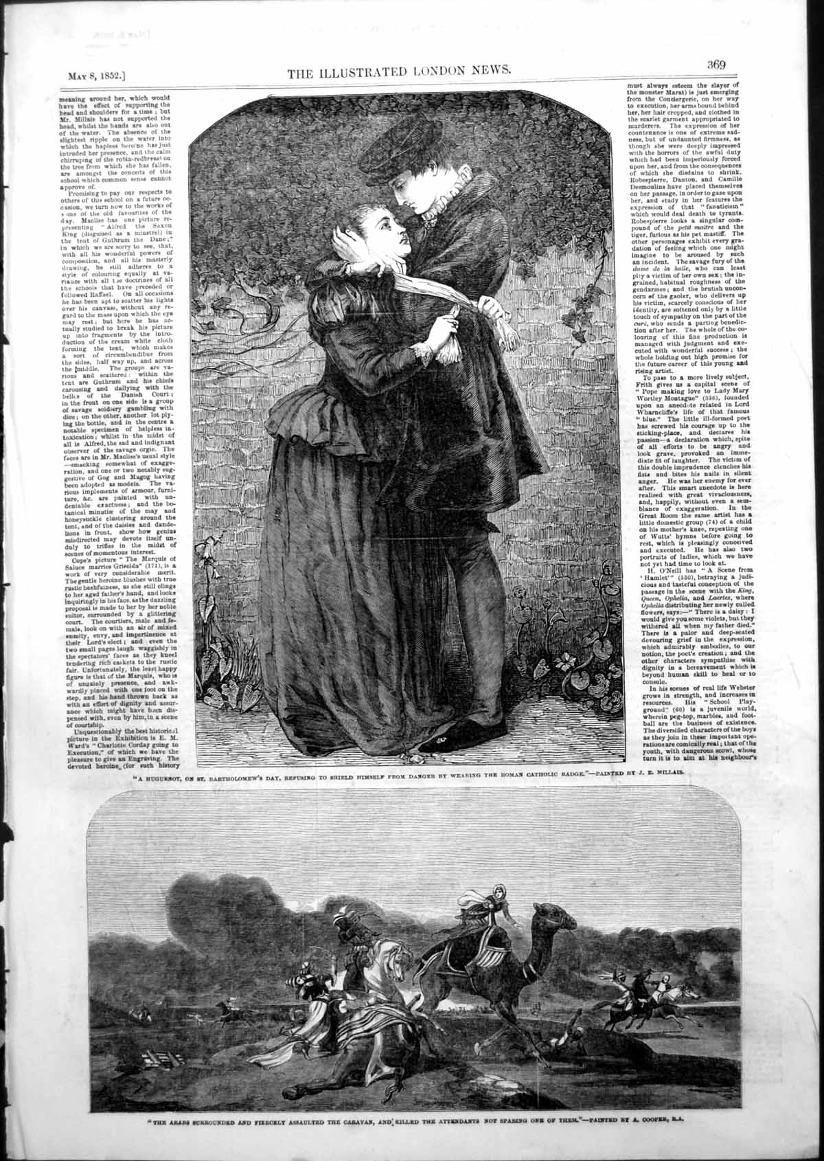 Antique Old Print Hugurnot St Bartholomews Day Catholic Badge Millais 1852 19th