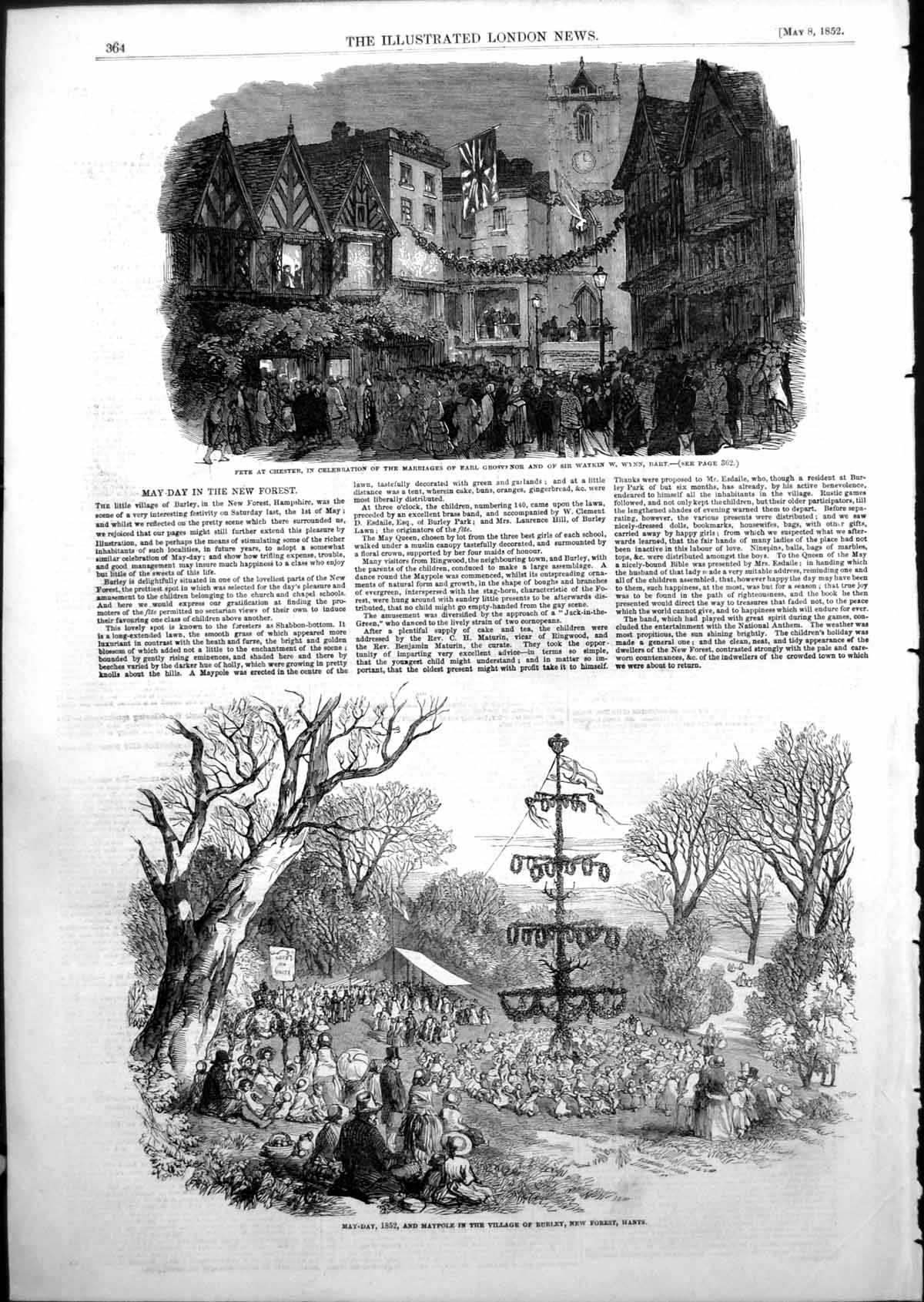 Antique Old Print May Day Burley Fete Chester Marriages Earl Grosvenor 1852