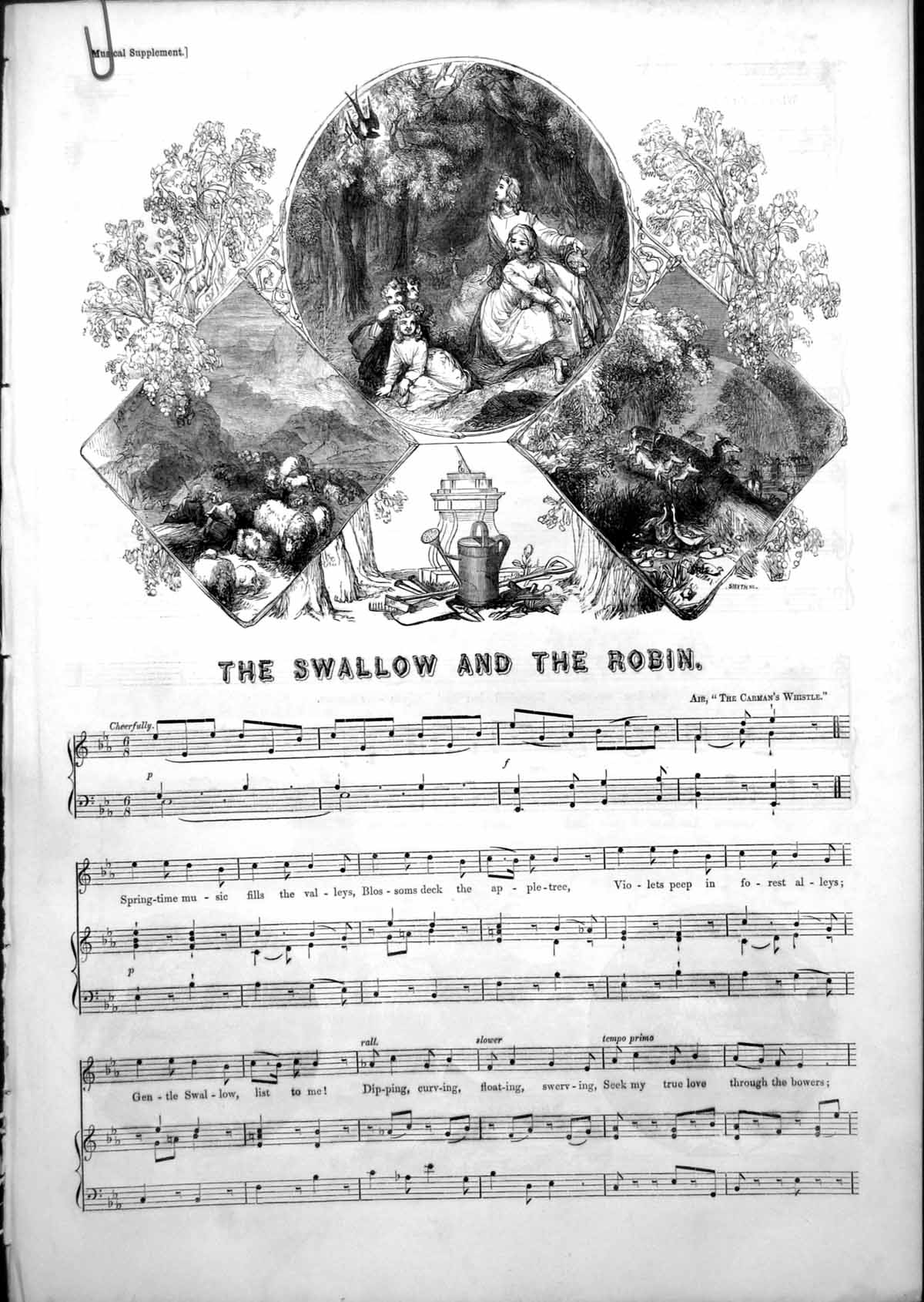 Original Old Antique Print Sheet Music Swallow Robin Air Carmans Whistle 1852