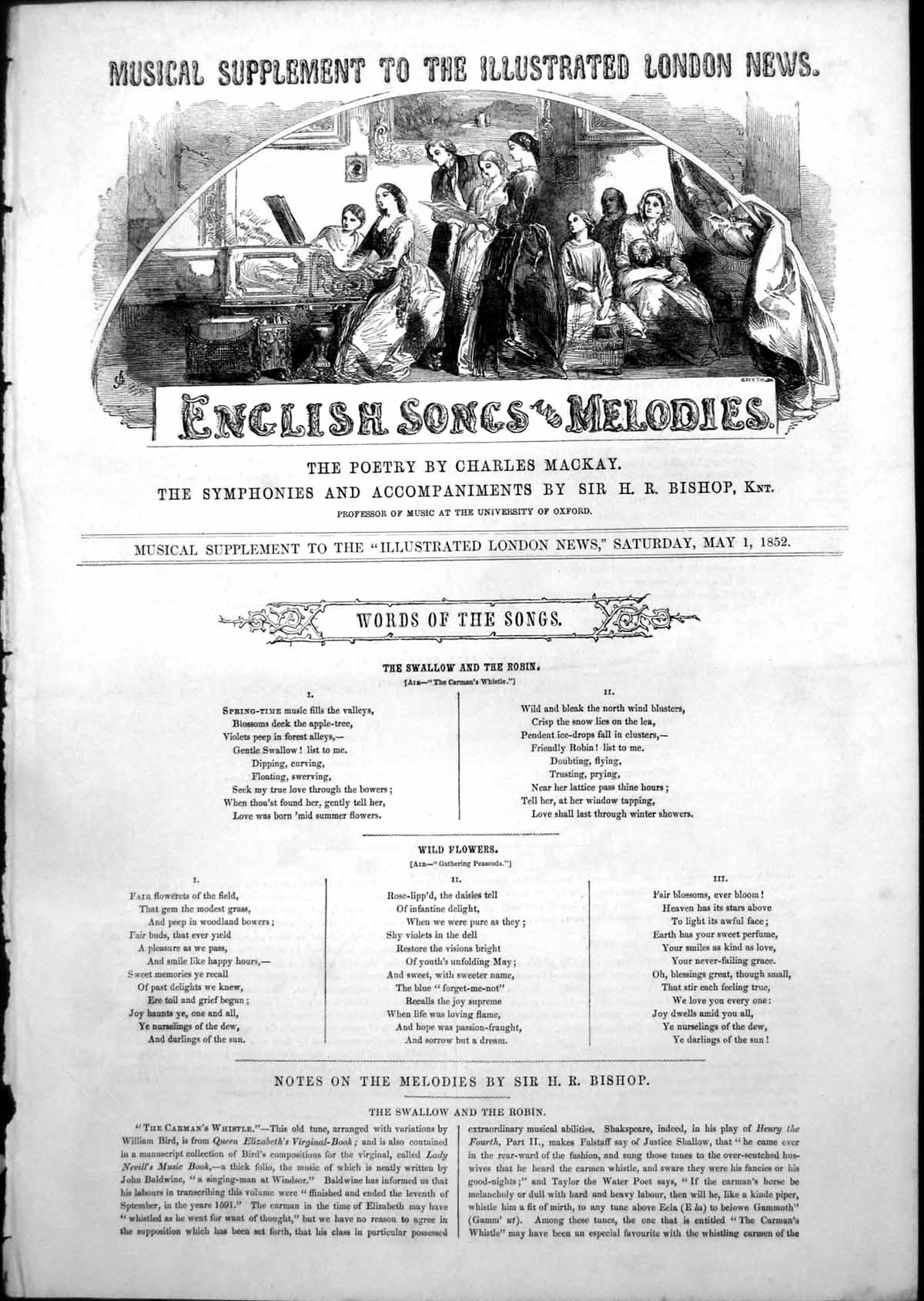 Old Antique Print English Songs Melodies Sir H Bishop Wild Flowers 1852 19th